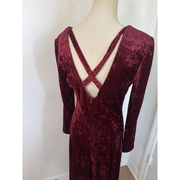 Vintage 80s Molly Malloy Size 8 Crushed Velvet Maroon Red Midi Dress Open Back - Picture 4 of 13